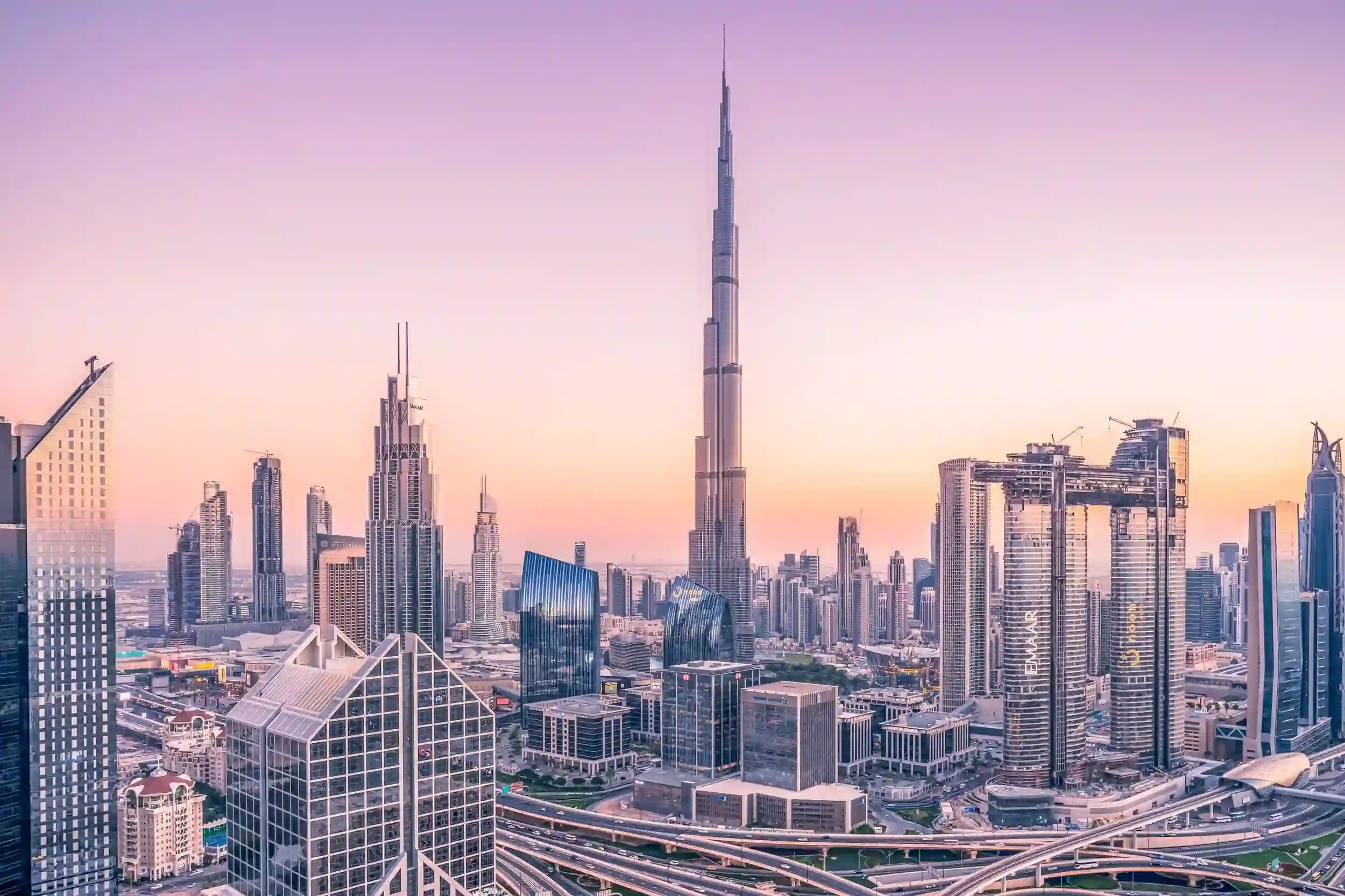 Dubai marina skyline at sunset with market statistics